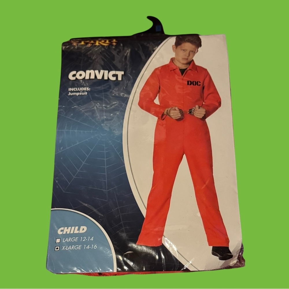 Spirit Halloween Convict Jumpsuit Costume for Kids XL Jail Bird Cop Orange Trump